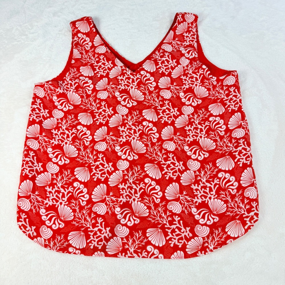 LOFT Seashell Coral Print Sleeveless Blouse Womens XL Red White V Neck Coastal